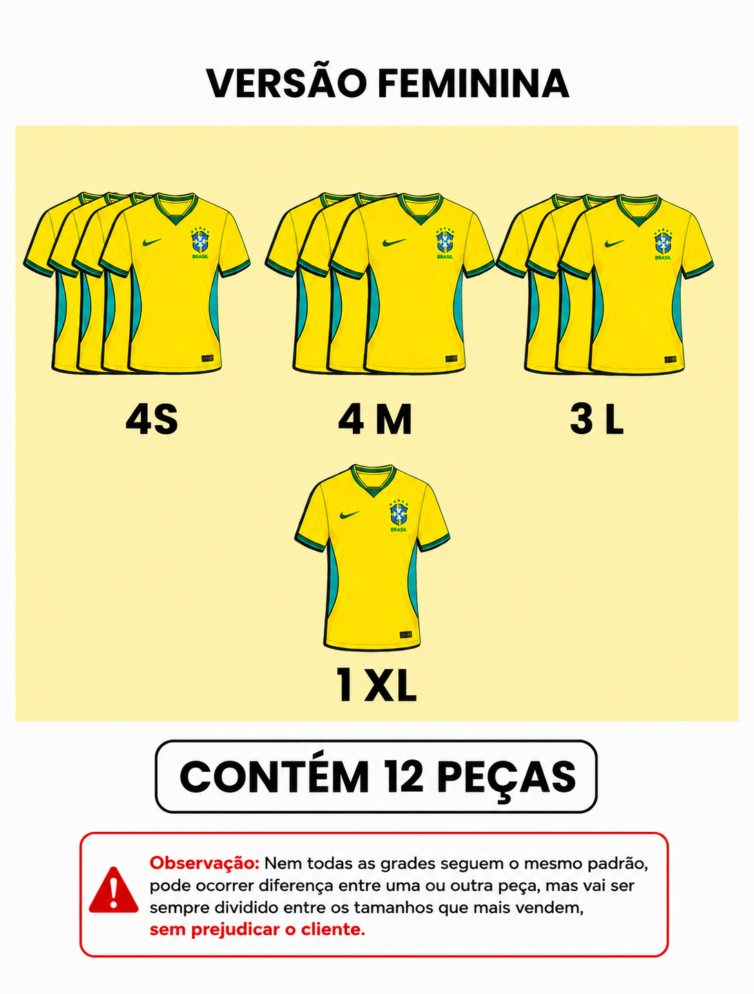 Grade Fechada Brasil Feminina Amarela - 12 Peças